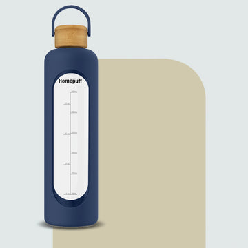 HomePuff borosilicate glass water bottle (1000ml) with silicone sleeve & leak-proof bamboo lid.